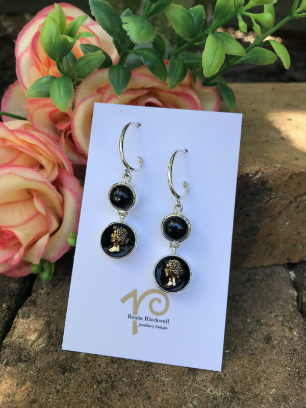 Fabulous Vintage Black/Gold Cameo Button Earrings   #BZQ2 - Image 3