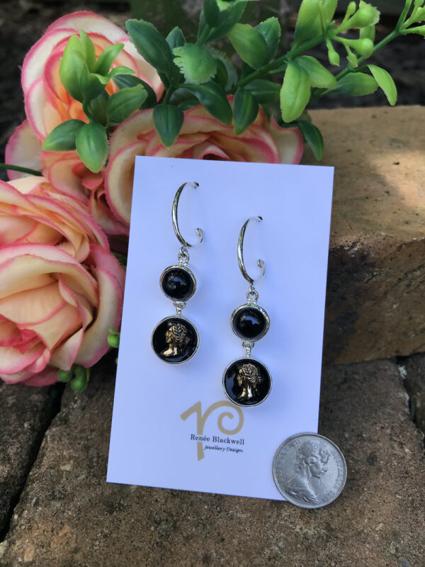 Fabulous Vintage Black/Gold Cameo Button Earrings   #BZQ2 - Image 2