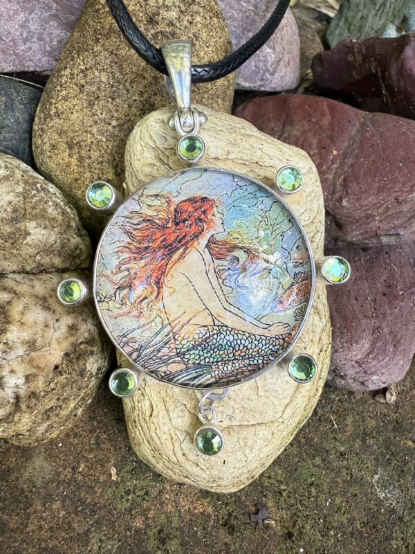 Bespoke Mermaid Pendant With Sparkly Green Crystals-Includes Black Leather Cord    #MC06
