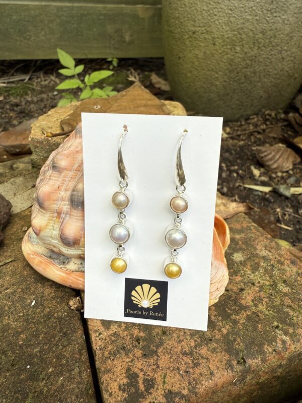 Stunning Three Drop Multi Coloured Pearl Earrings    #XZA7 - Image 2