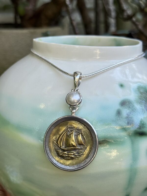 Flash Sale!  Antique Sailboat Button Pendant-Includes Silver Chain!   #LI887