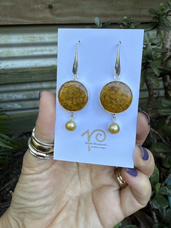 Golden Butterscotch Vintage Italian Button & Lemon Pearl Earrings    #AIEM62 - Image 2