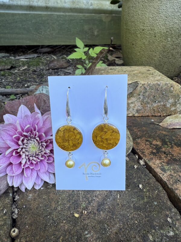Golden Butterscotch Vintage Italian Button & Lemon Pearl Earrings    #AIEM62 - Image 3