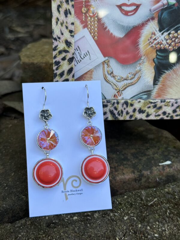 Stunning! Vintage 1960's Orange French Button & Shimmering Swarovski Crystal Earrings    #DSW11 - Image 4