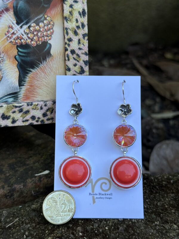 Stunning! Vintage 1960's Orange French Button & Shimmering Swarovski Crystal Earrings    #DSW11 - Image 3