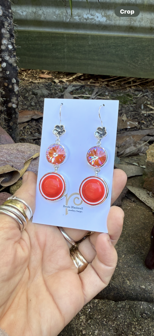 Stunning! Vintage 1960's Orange French Button & Shimmering Swarovski Crystal Earrings    #DSW11 - Image 2