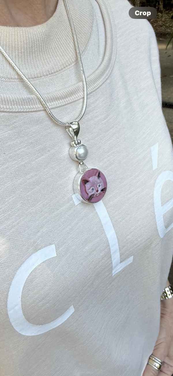 Charming Vintage "Kitty-Kat" Button & Pearl Pendant-Includes Silver Chain!   #PKK8 - Image 3