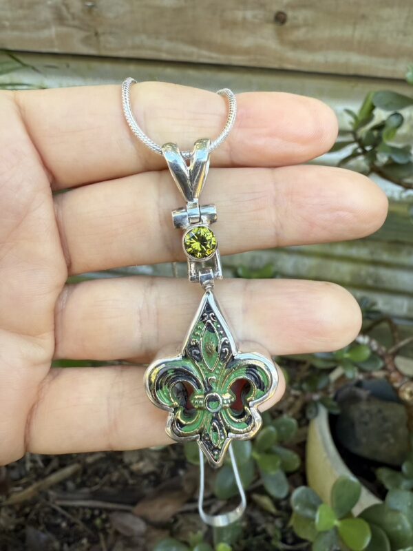 Flash Sale! Fleur-de-lis & Green Peridot Pendant-Includes Sterling Silver Chain!   #FDX3 - Image 7