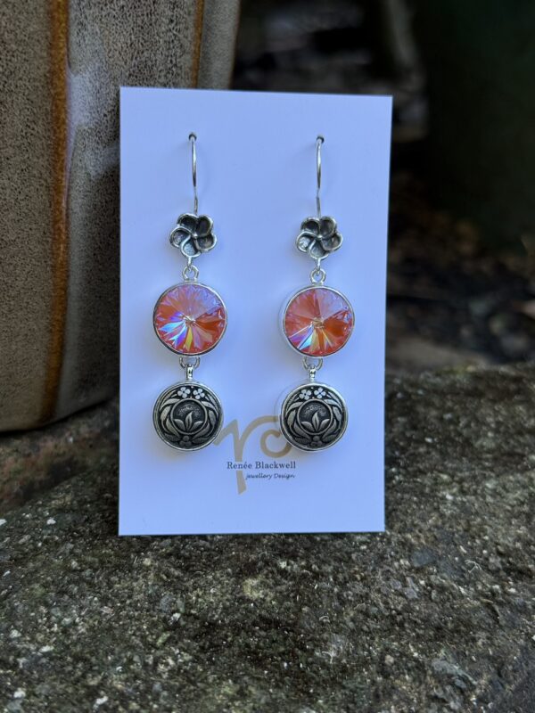 Shimmering Peach Swarovski Crystal & Vintage Button Earrings  #817HH - Image 2