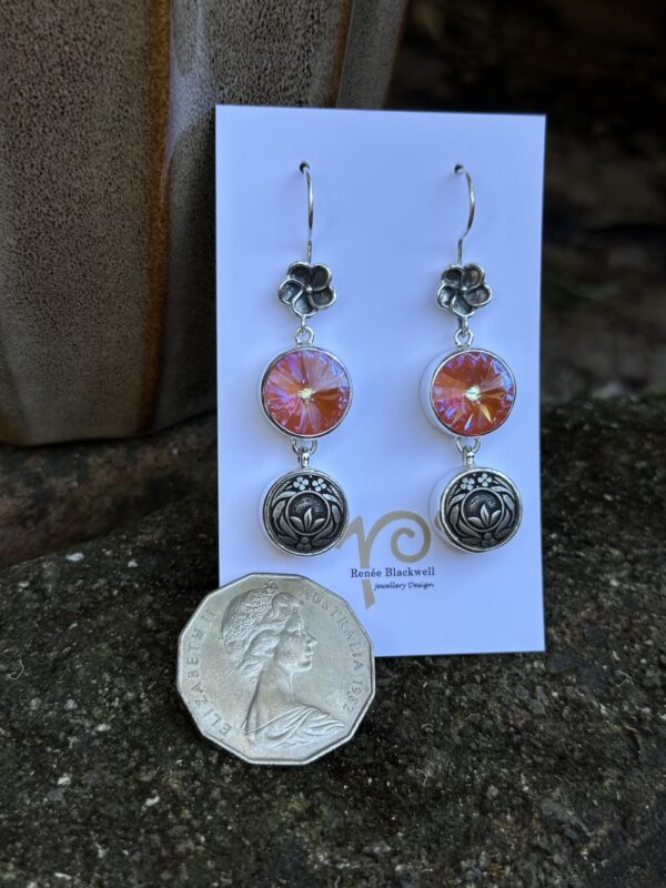 Shimmering Peach Swarovski Crystal & Vintage Button Earrings  #817HH - Image 3