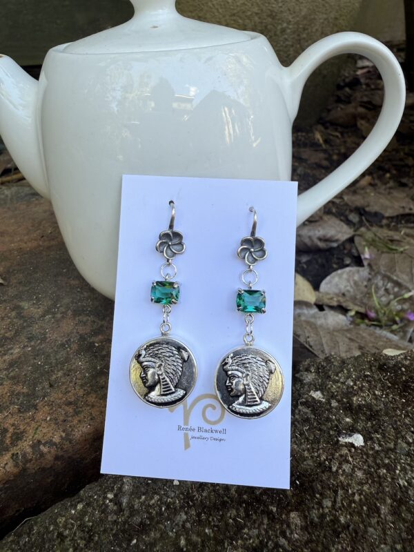 "Egyptian Goddess" Vintage Button & Emerald Green Crystal Earrings   #27YY - Image 6