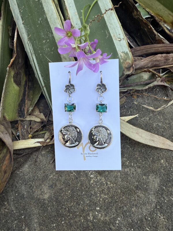 "Egyptian Goddess" Vintage Button & Emerald Green Crystal Earrings   #27YY - Image 3