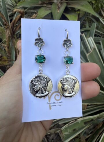 "Egyptian Goddess" Vintage Button & Emerald Green Crystal Earrings   #27YY
