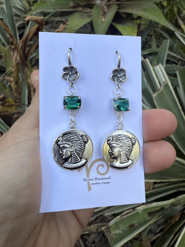 "Egyptian Goddess" Vintage Button & Emerald Green Crystal Earrings   #27YY