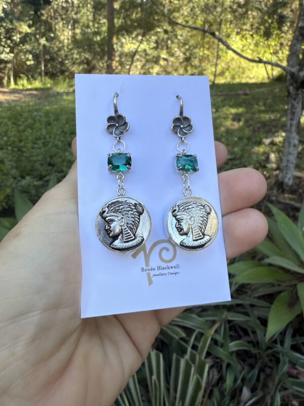 "Egyptian Goddess" Vintage Button & Emerald Green Crystal Earrings   #27YY - Image 4