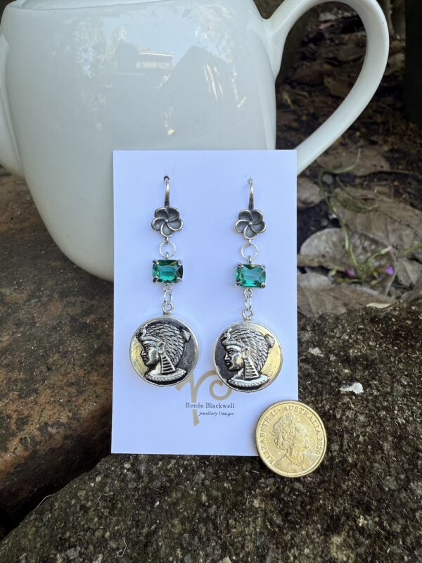 "Egyptian Goddess" Vintage Button & Emerald Green Crystal Earrings   #27YY - Image 2
