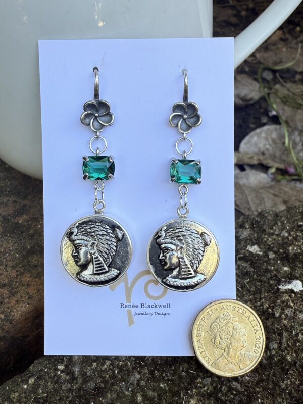 "Egyptian Goddess" Vintage Button & Emerald Green Crystal Earrings   #27YY - Image 5