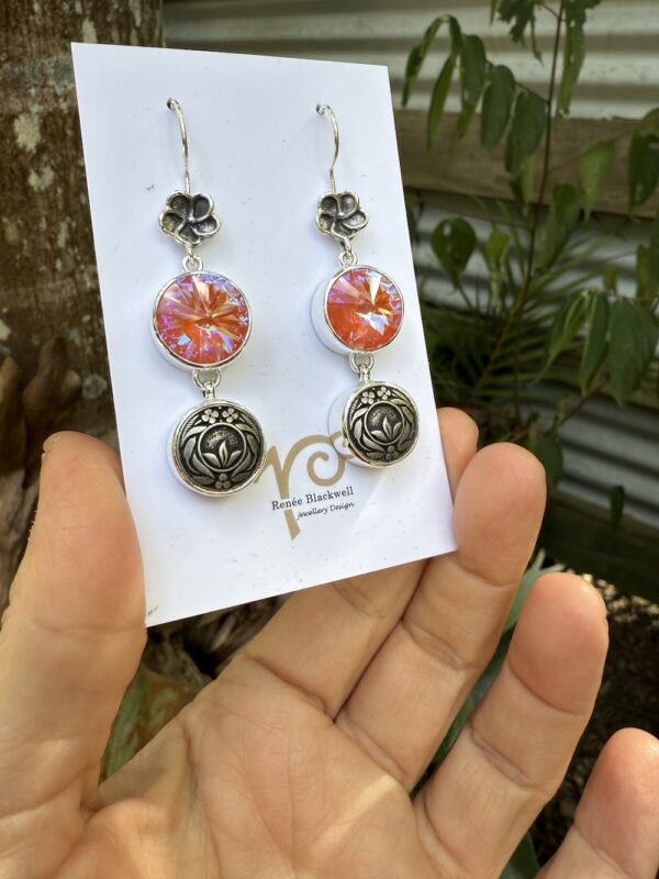 Shimmering Peach Swarovski Crystal & Vintage Button Earrings  #817HH - Image 5