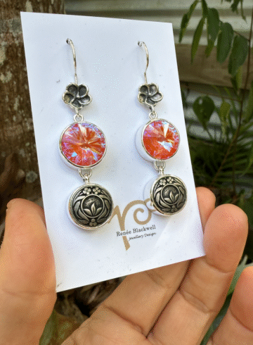 Shimmering Peach Swarovski Crystal & Vintage Button Earrings  #817HH