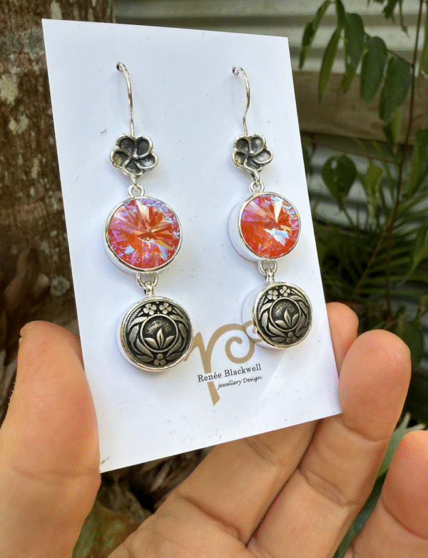 Shimmering Peach Swarovski Crystal & Vintage Button Earrings  #817HH