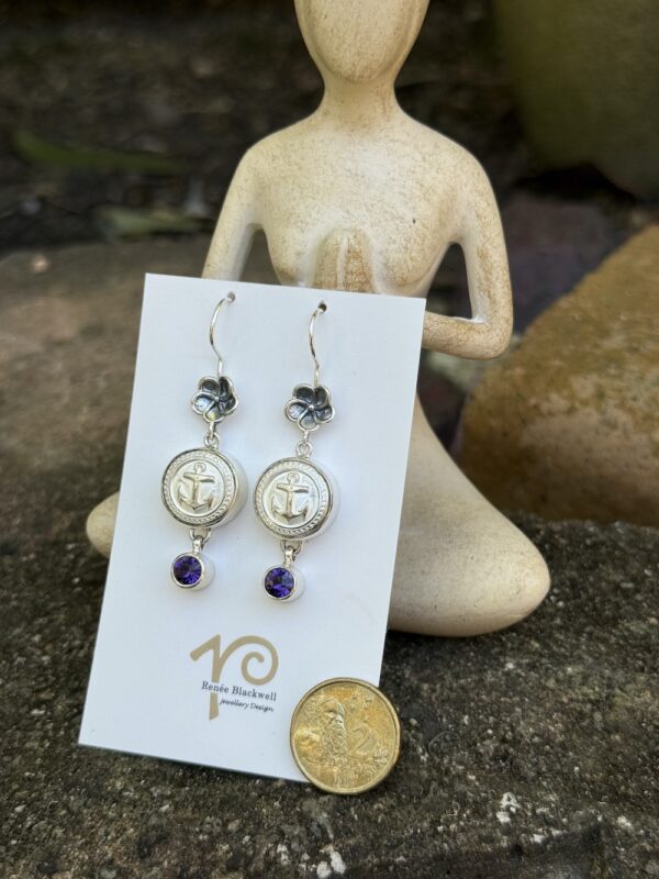 "Ships Ahoy!" Vintage Button & Purple Crystal Earrings   #AOY7 - Image 2