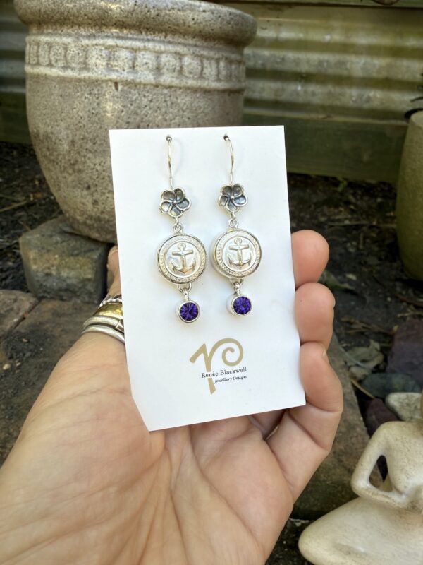 "Ships Ahoy!" Vintage Button & Purple Crystal Earrings   #AOY7 - Image 4