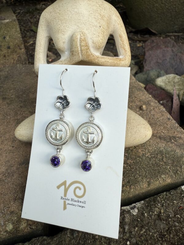 "Ships Ahoy!" Vintage Button & Purple Crystal Earrings   #AOY7 - Image 3