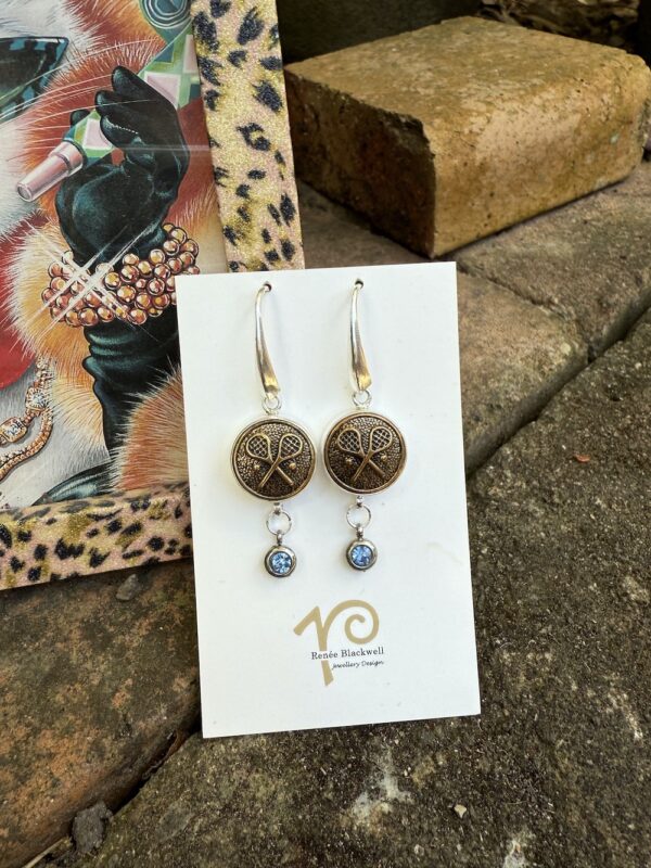 Tennis Lovers! Vintage Button & Blue Crystal Earrings!   #SW33 - Image 4