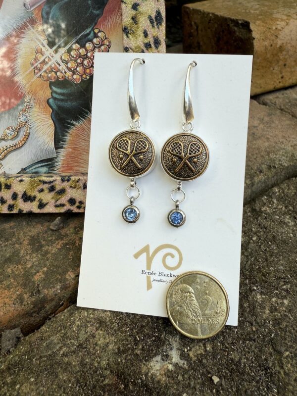 Tennis Lovers! Vintage Button & Blue Crystal Earrings!   #SW33 - Image 2