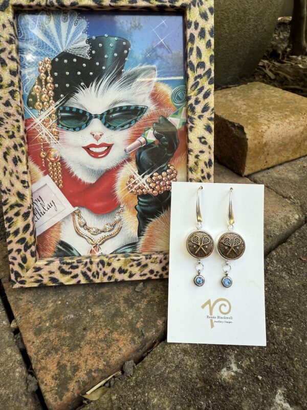 Tennis Lovers! Vintage Button & Blue Crystal Earrings!   #SW33 - Image 3