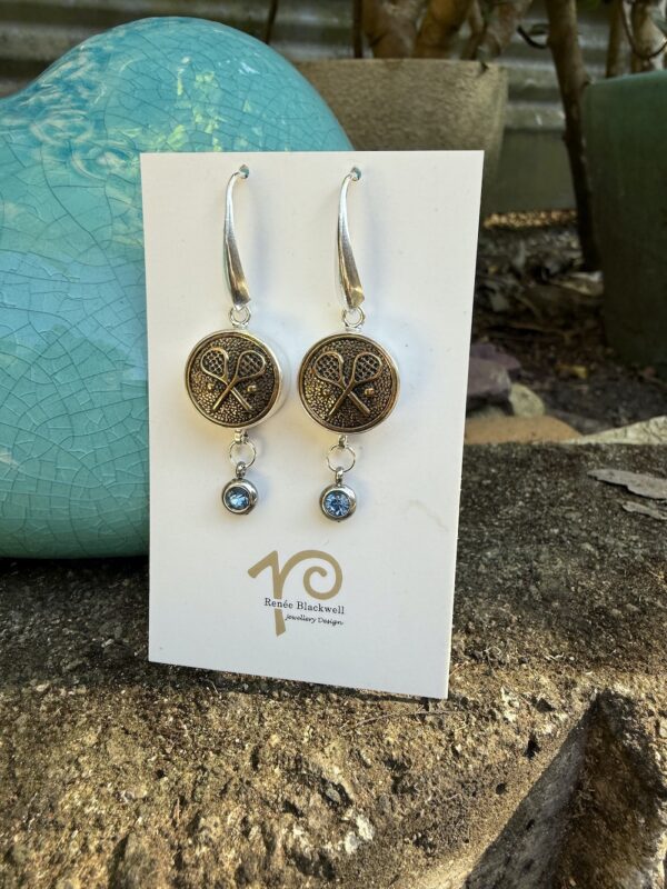 Tennis Lovers! Vintage Button & Blue Crystal Earrings!   #SW33 - Image 5