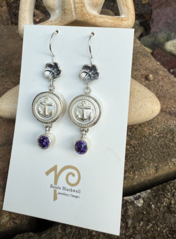 "Ships Ahoy!" Vintage Button & Purple Crystal Earrings   #AOY7
