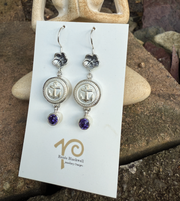 "Ships Ahoy!" Vintage Button & Purple Crystal Earrings   #AOY7
