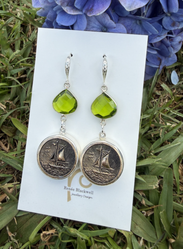 Vintage Button Sailboat Earrings with Lime Green Crystals  #VFR4