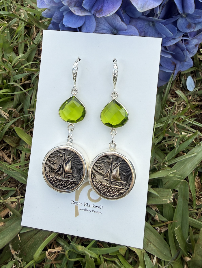 Vintage Button Sailboat Earrings with Lime Green Crystals #VFR4