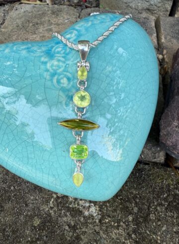 "Collectors Alert!" Phenomenal 5-Drop Prehnite Stone and Crystal Pendant-Includes Silver Chain!   #P22WA