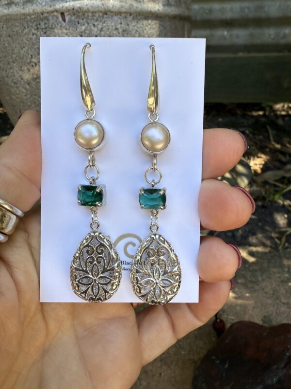 Stunning! Pearl, Green Crystal & Sterling Silver Earrings   #WQX2 - Image 4