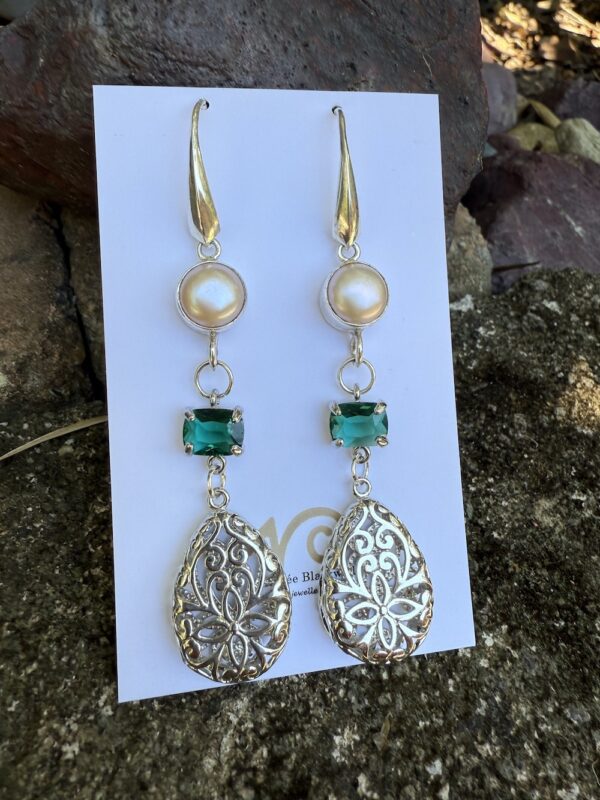 Stunning! Pearl, Green Crystal & Sterling Silver Earrings   #WQX2 - Image 3