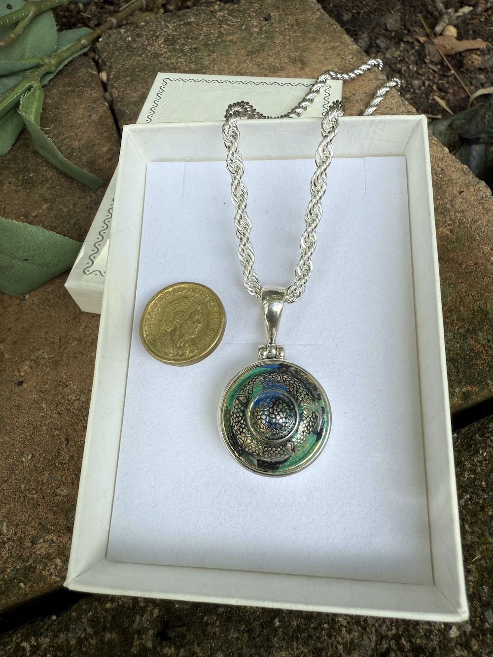 Green/Blue Lovers "Petite" Antique Button Pendant-Includes Silver Chain! #WNTI - Image 2