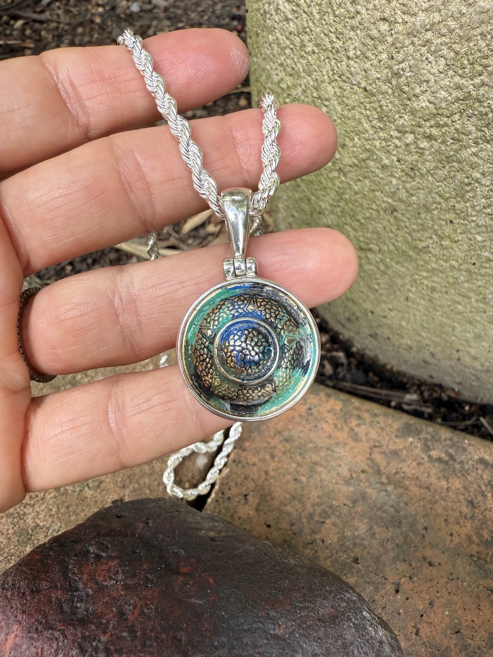 Green/Blue Lovers "Petite" Antique Button Pendant-Includes Silver Chain! #WNTI - Image 3