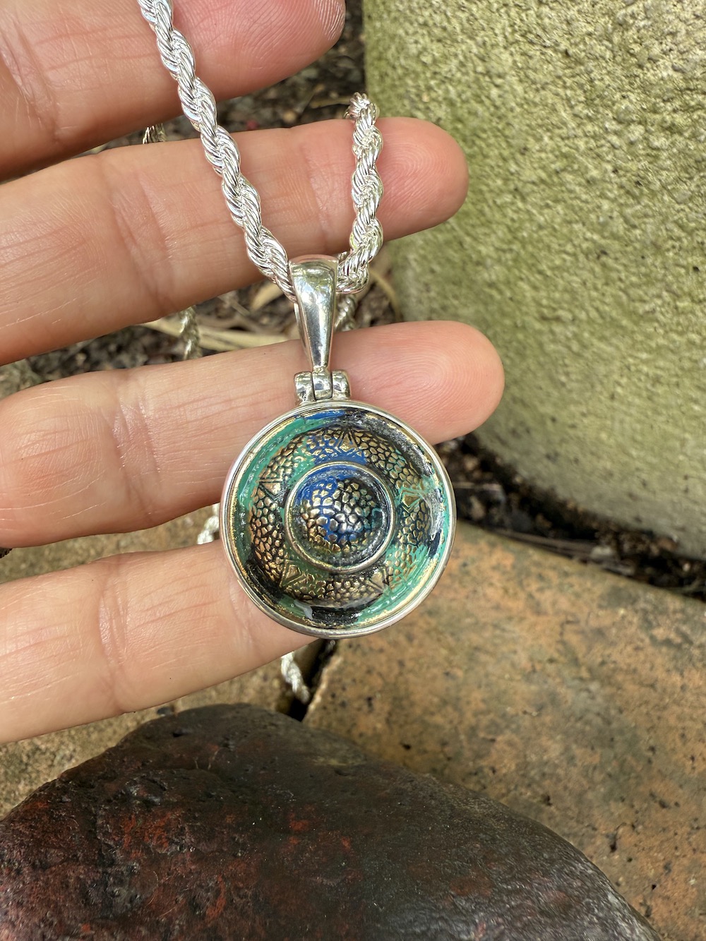 Green/Blue Lovers "Petite" Antique Button Pendant-Includes Silver Chain! #WNTI