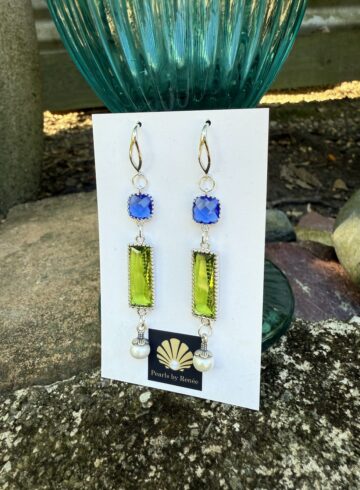 Fabulous! Cobalt Blue/Lime Green Crystal & Pearl Earrings   #44FD