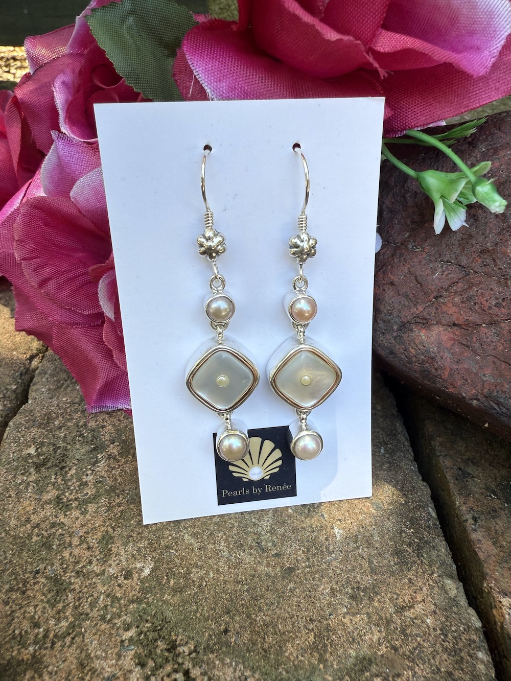 Amazing Antique Mother of Pearl Button & Pearl Earrings #RWC44 - Image 4