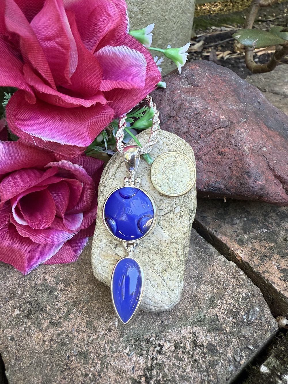 Renée's Pick! Cobalt Blue Vintage Button Pendant #CBY9 - Image 2