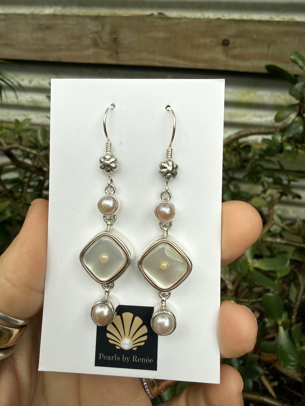 Amazing Antique Mother of Pearl Button & Pearl Earrings #RWC44 - Image 3