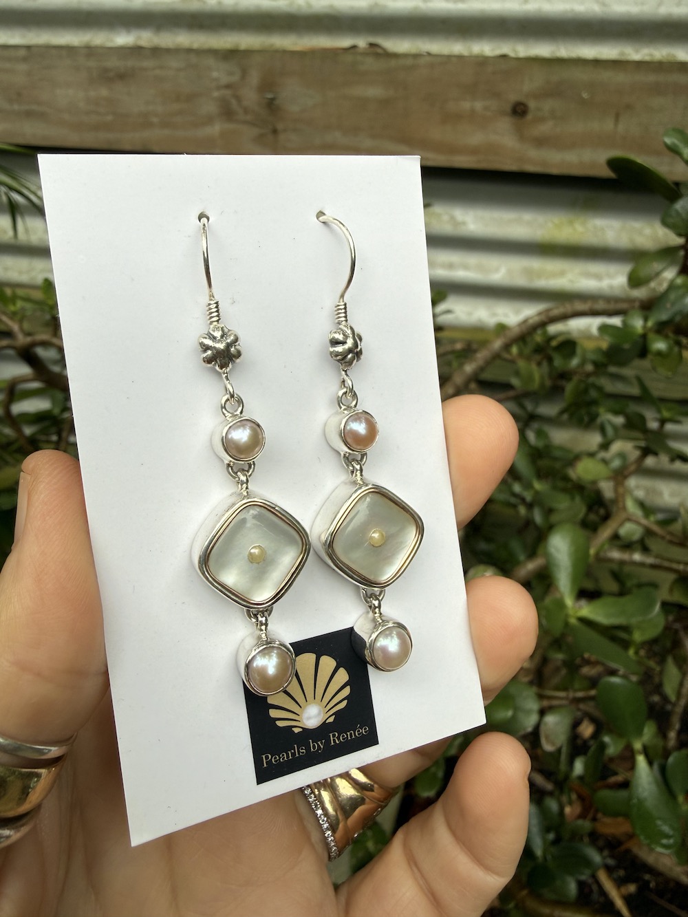 Amazing Antique Mother of Pearl Button & Pearl Earrings #RWC44