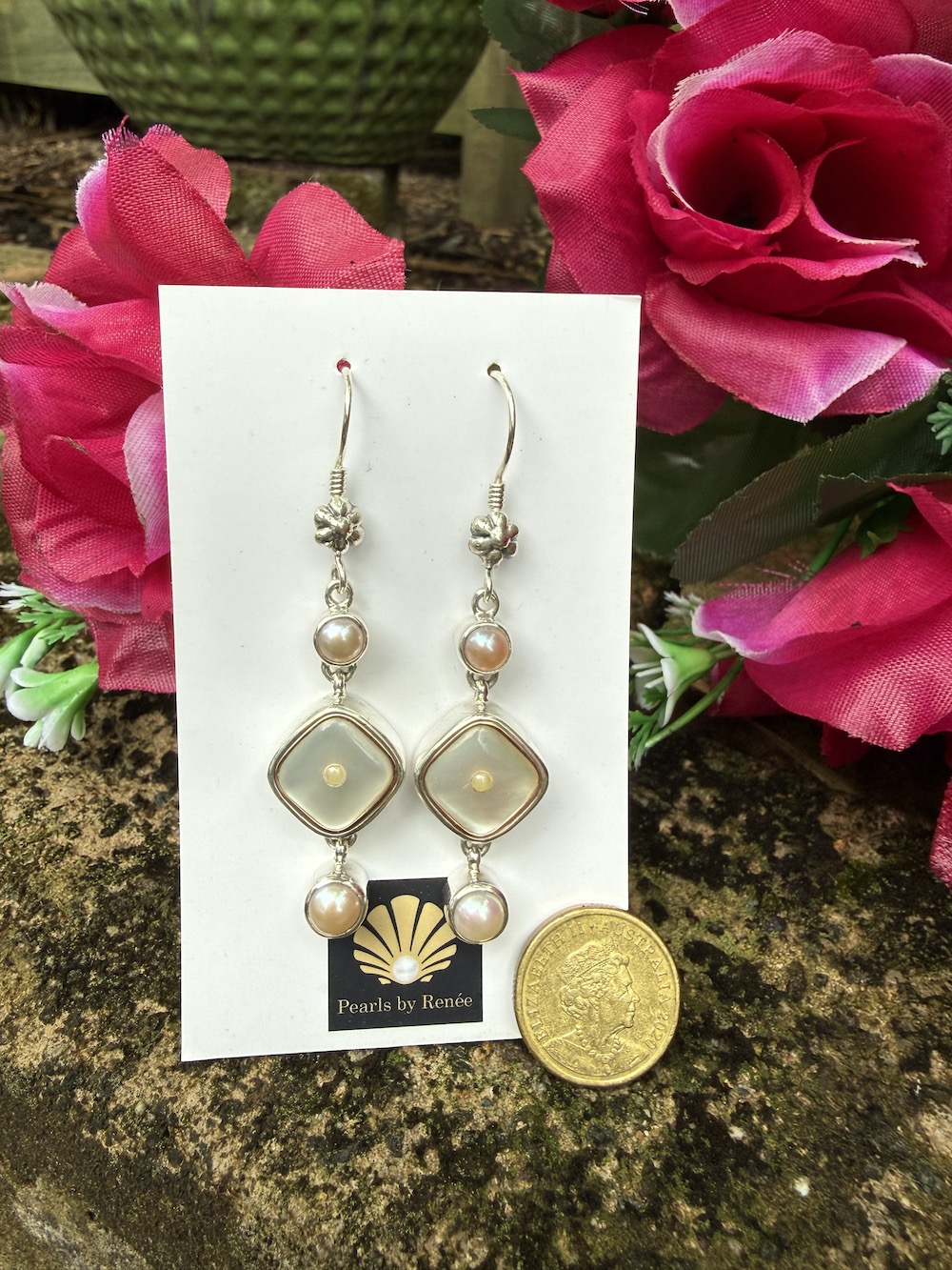 Amazing Antique Mother of Pearl Button & Pearl Earrings #RWC44 - Image 2
