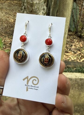 Classic "Coat of Arms" Vintage Italian Button & Cherry Red Cabochon Earrings #HFT55