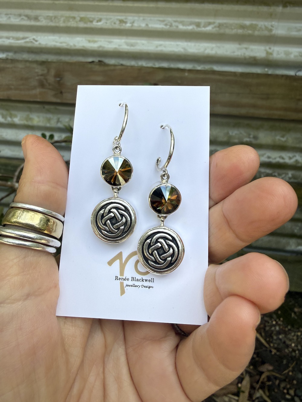Celtic Knot Vintage Button & Swarovski Crystal Earrings #ACD55 - Image 3