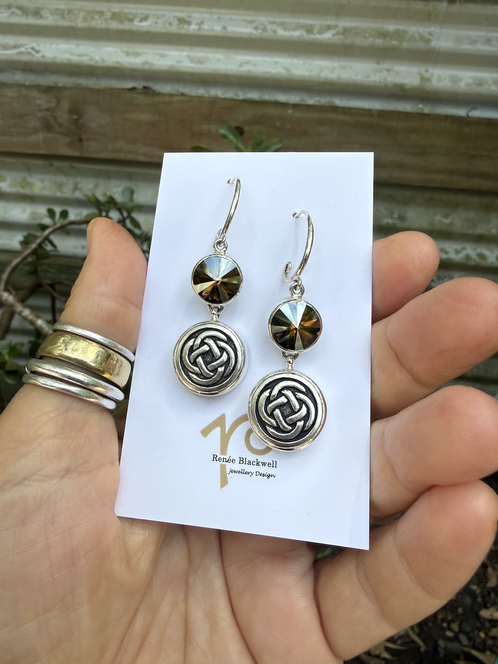 Celtic Knot Vintage Button & Swarovski Crystal Earrings #ACD55 - Image 4